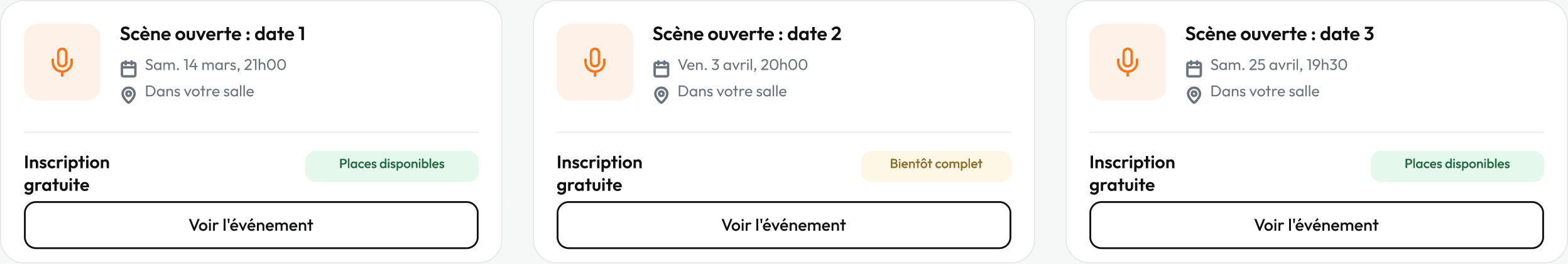 Agenda public d’une salle dans Hopop : les trois prochaines dates d’une scène ouverte, avec leur horaire