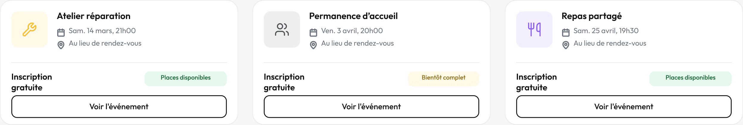 Calendrier public d’un tiers-lieu dans Hopop : atelier réparation, permanence et repas partagé, avec leur horaire
